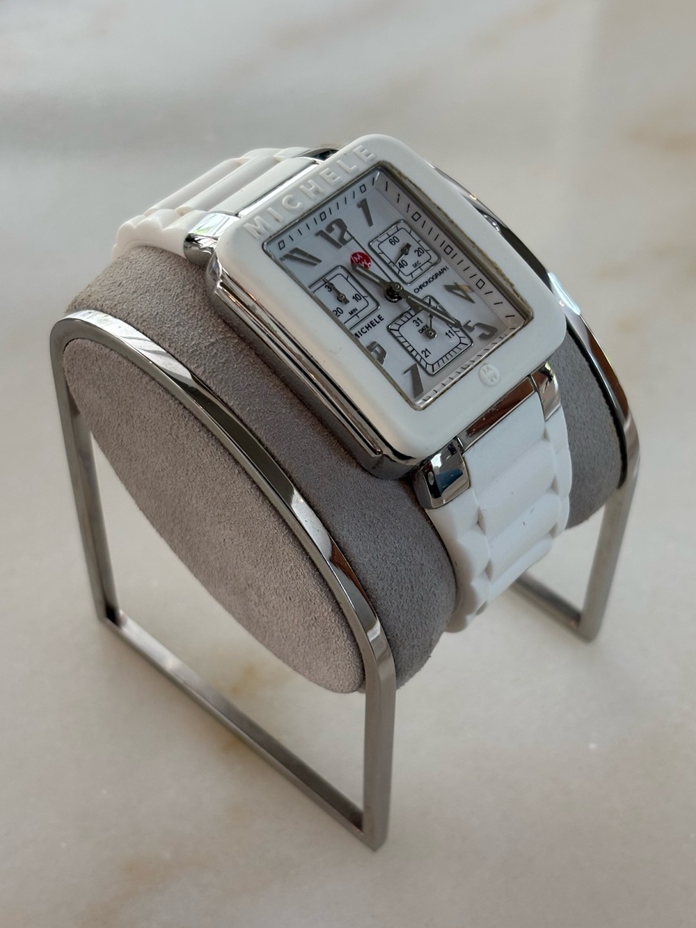 Michele White Ceramic Square Chronograph Watch with Silver Accents - Picture 3 of 6